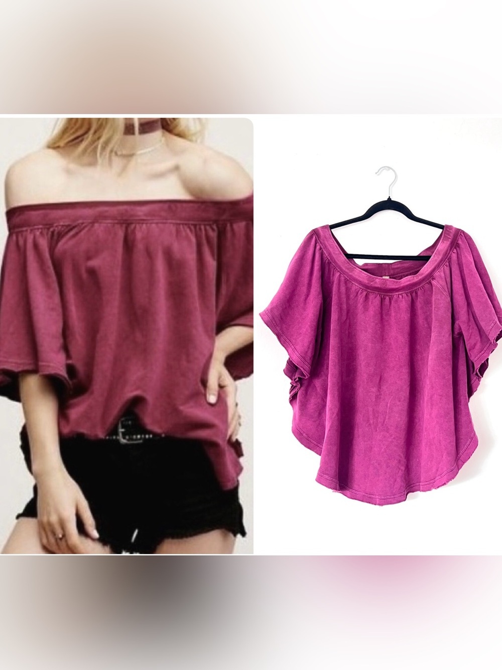 Free People Wine Off Shoulder Draped Top